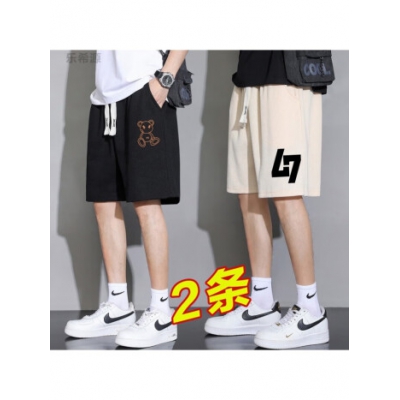 樂希源【兩條裝】短褲男士夏季冰絲休閑寬松大褲衩潮流五分中褲沙灘褲 701黑色+702卡其 XL